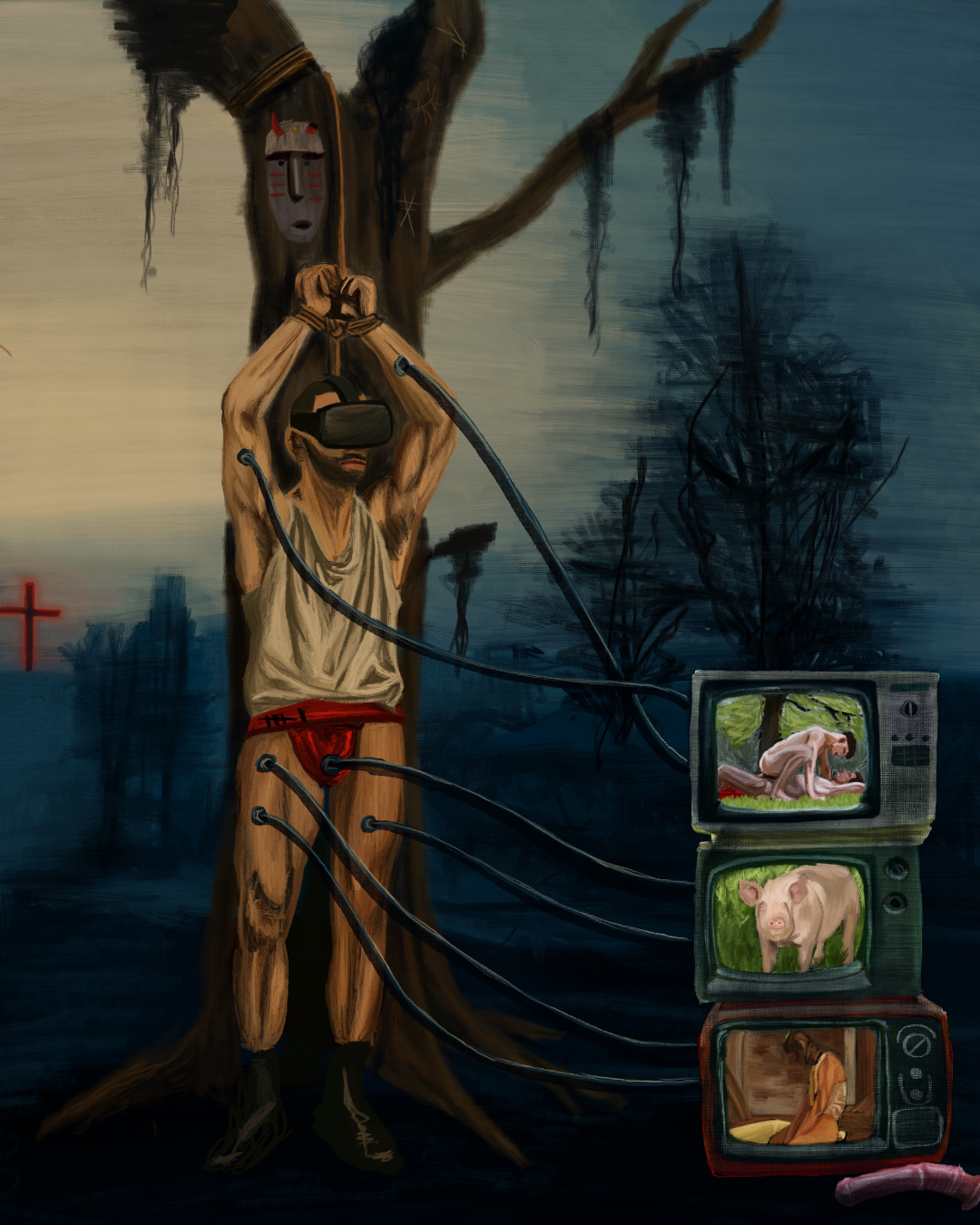 Œuvre digitale de BAYUK montrant un homme attaché à un arbre, portant un casque de réalité virtuelle et un jockstrap rouge, connecté par des câbles à plusieurs écrans affichant des scènes animales et rituelles ; relecture BDSM et animiste du mythe de Saint Sébastien.