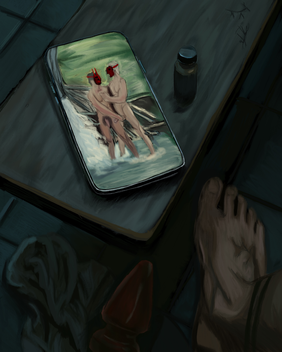 Illustration représentant un homme dans une douche éclairée en bleu, évoquant un esprit de l’eau ou ondins, mêlant ambiance homoérotique, symbolisme aquatique et atmosphère de vestiaire masculin.